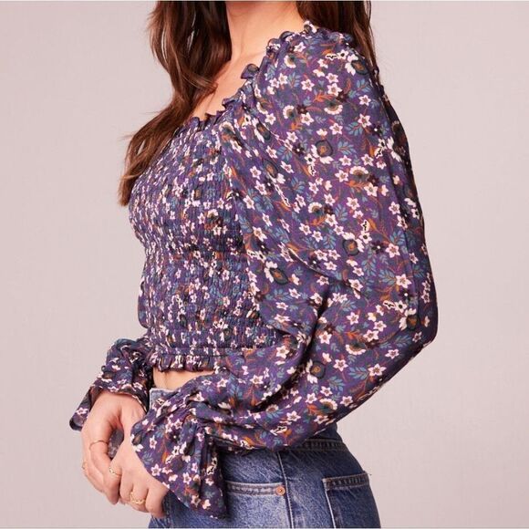 Band of the Free Floral Smocked Long Sleeve Crop Top Small Purple & Ivory - Picture 3 of 10